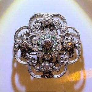 Vintage Liz Palacios Iridescent Amber/Blue/White Rhinestones Brooch Filigree